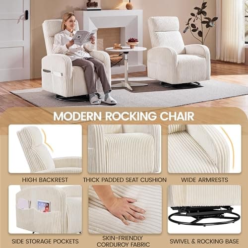 Yaheetech 360° Swivel Glider Chair for Nursery, Rocking Chair Nursing Chair with Side Pockets, Corduroy Glider for Living Room with High Back Beige