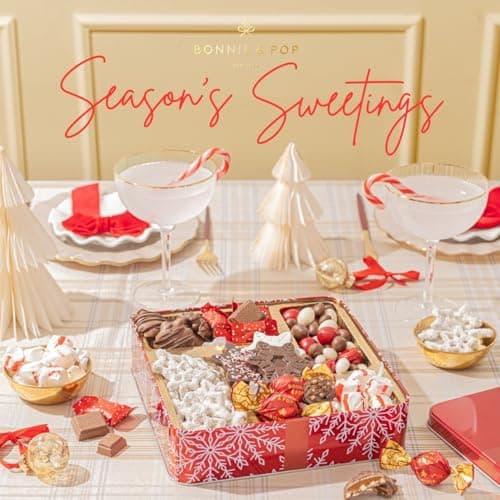 Bonnie and Pop's Holiday Tin- with Assorted Christmas Chocolate, Nuts, Bark, Truffles – Festive, Corporate, Family, Gift Basket Idea for Men and Women