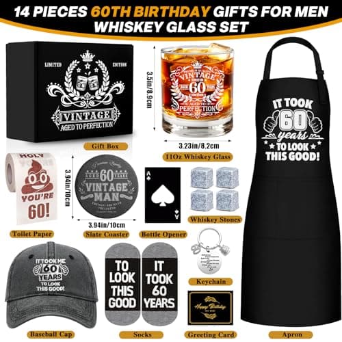 60th Birthday Gifts for Men Whiskey Glass Set, 60th Birthday Party Supplies with 11 Oz Whiskey Glass Coaster Stone Baseball Cap Apron Sock Funny Toilet Paper Keychain for Him, Dad, Husband, Friends