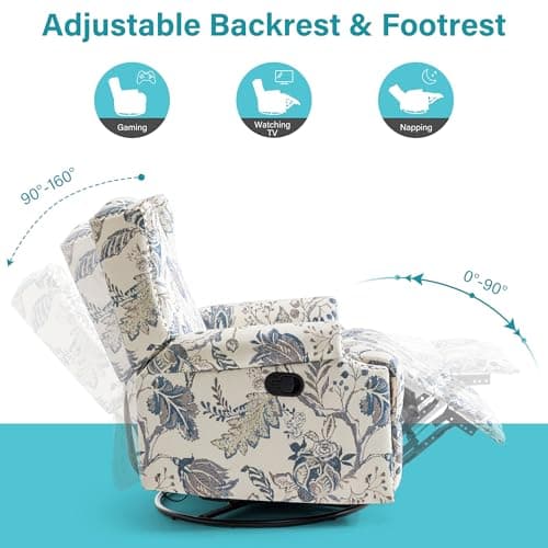 Swivel Glider Floral Recliner Chairs Set of 2, High Back Swivel Rocker Fabric Accent Chair for Living Room, Rivet Trim Upholstered Armchair Manual Sofa Seating - Plants Blue