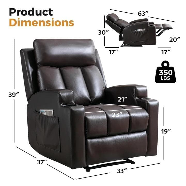 CANMOV Manual Recliner Chair with Massage and Heat,Breathable Leather Recliner Chair with Armrest and Backrest, Manual Reclining Single Sofa with 2 Cup Holders, Side Pocket for Living Room,Dark Brown