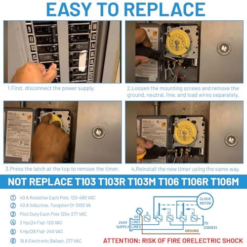 T104M Mechanical Time Switch (Mechanism Only), 208-277V AC 40A DPST, 24-Hour Dial with 12 ON/Off Trips, Heavy-Duty Timer Switch for Pool Pumps Water Heater Lighting and HVAC, with 4 Timer Trippers