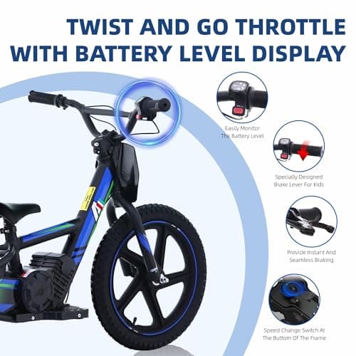 AIII Lightweight Electric Dirt Bike for Kids, 170/340W Electric Motorcycle Up to 10/12MPH, 24V Detachable Battery, Hand-Operated Dual Brakes Electric Balance Bike for Ages 3-6/5-12