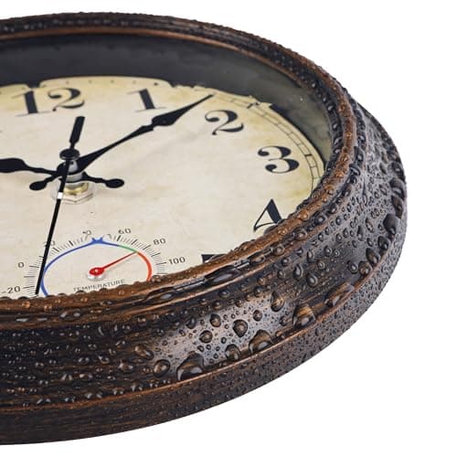 Horizent Outdoor Clocks Waterproof with Thermometer Combo Vintage Rustic Wall Clock for Patio Pool Bathroom Kitchen(8 Inch,Bronze)