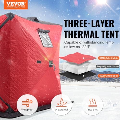 VEVOR Portable Pop-Up Tent, 1-8 Person Insulated Shelter, Large Fishing Area, Hub-Style Shanty for Winter Fishing, Waterproof Oxford Ice Cube with Anchors/Ropes/Carrying Bag