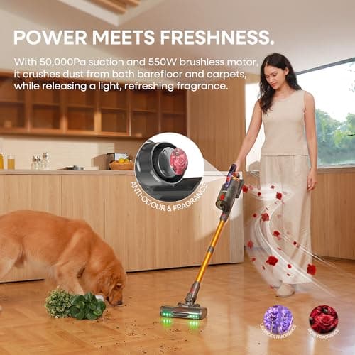 KIPMAX Cordless Vacuum Cleaner, 50KPa 550W Stick Vacuum for Home, 70Mins Anti-Tangled Vacuum Cleaner for Pet Hair/Carpet/Floor, Self-Standing Vacuum with Rechargeable Battery, LED Display&Aromatherapy