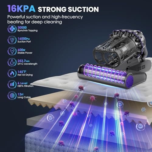 Mattress Vacuum, Bed Vacuum Cleaner with 16Kpa Suction 253.7nm UV-C Light, 145°F Heat & 30000 RPM/Min Tapping, HEPA Filter & Ultrasonic, 600W Powerful Vacuums for Bed, Sofa, Couch(Corded)