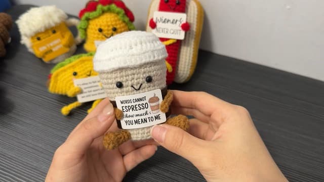 Funny Positive Coffee, Emotional Crochet Doll, Cute Crochet Potato Partner Toy with Positive Card Cheer Up Funny Gag Gifts for Best Friend Birthday Women Teacher Fall（Coffee B0DW8XPF2P