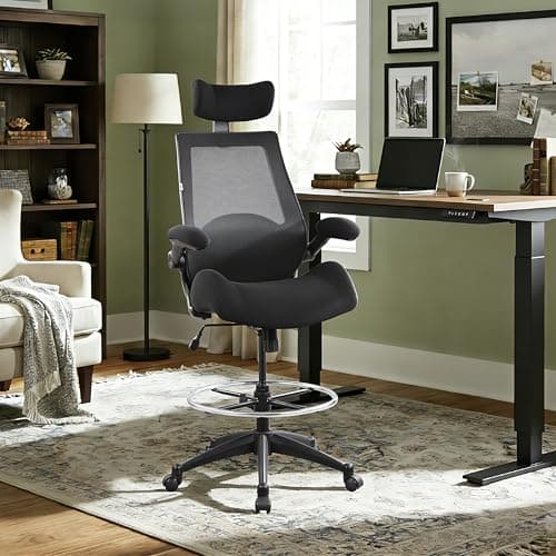 BOLISS Drafting Tall Office Chair 400lbs High Back Wide Standing Desk Chair Comfortable with Flip up Armrests Lumbar Support Adjustable Big Footrest Ring(Black)
