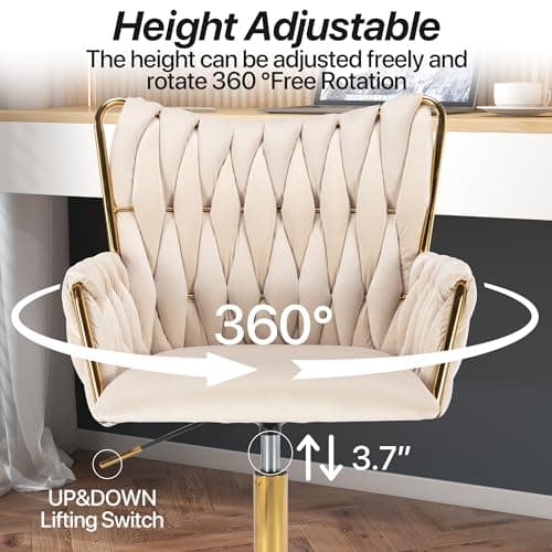 KCC Modern Velvet Home Office Desk Chair with Hand Woven Backrest, Upholstered Adjustable Makeup Vanity Chair with Armrest and Golden Metal Base with Wheels for Living Room Bedroom Study(Beige)