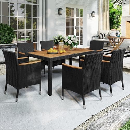 Yaheetech 7 Piece Patio Furniture Set, Outdoor Dining Acacia Wood Table Top Rattan Conversation Set with Soft Cushions, 6 Chairs & 1 Table for Backyard, Deck, Garden & Yard, Black/Beige