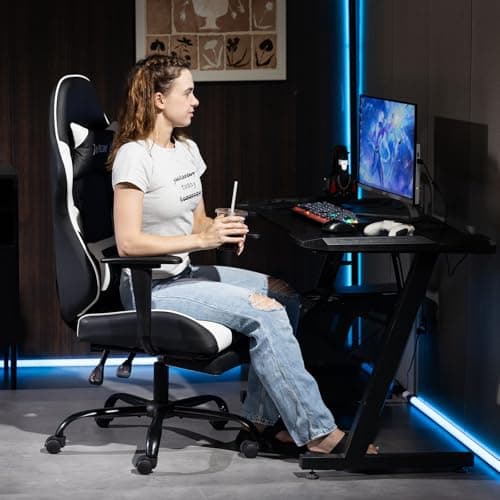 Gaming Chair with Footrest, Ergonomic PC Desk Chair with Headrest and Massage Lumbar Support, Video Game Chair with Height Adjustable High Back for Home Office, PU Leather, White