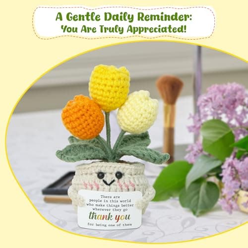 OASSIE Thank You Gifts for Women - Mini Handmade Positive Tulip Flowers Crochet with Message Card - Christmas Birthday Farewell Employee Appreciation Gifts for Coworkers, Emotional Support Crochet
