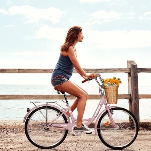 Beach Cruiser Bike for Adult, 24 & 26 Inch Comfort Bikes with Rattan Front Basket, Womens Bicycle with Adjustable Seat and Dual V-Brake (Pink & White & Green & Purple & Black)