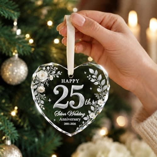 Glass 25th Anniversary Gifts for Couples Wife Husband Parents, 25 Year Anniversary Ornaments for Christmas Tree Decorations 25th Wedding Anniversary Ornament, Happy 25th Silver Anniversary Keepsake B0HFJ9P8KK