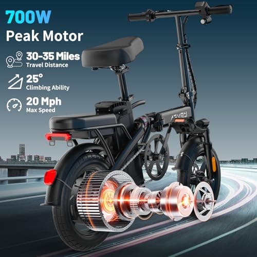 Foldable Electric Bike for Adults and Teens, 700W Peak Motor Ebike with 30-60 Miles PAS Range, 14" Folding Mini E Bike for Commute, Electric Bicycle with 48V Removable Battery