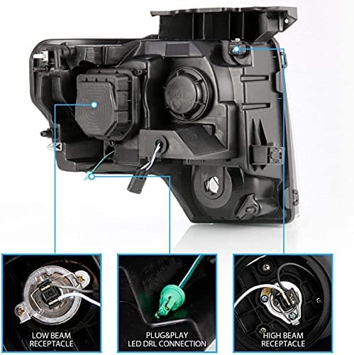 AmeriLite for 2009-2014 Ford F150 Truck LED Bar Square Projector Halogen Black Headlights Set High/Low Beam Bulb Included - Driver and Passenger Side