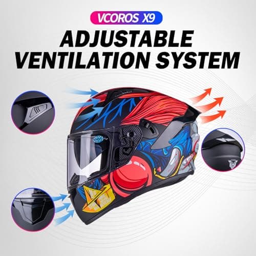 VCOROS Full Face Dual Visor Motorcycle Helmet for Adults Motorbike Street Bike Racing Helmets X9 DOT Approved with Black Visor