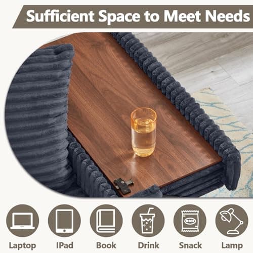 Chaise Lounge Chair Indoor with Ottoman, Corduroy Sofa Bed with Table Board, USB Ports, Cup Holder & Pillow, Boneless Chaise Lounge for Storage Space Living Room Bedroom Apartment (Grey)