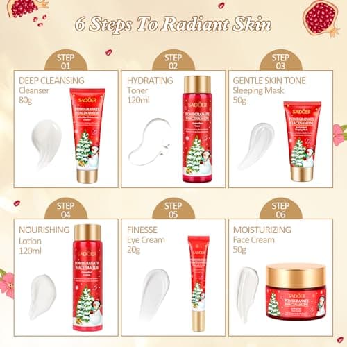 Christmas Gifts 6 Pcs Skin Care Set Pomegranate Moisturize Soothe Hydrate Gifts for Teenage Girls Stocking Stuffers Christmas Gifts for Women-Cleanser,Toner,Lotion,Face Cream,Eye Cream,Sleep Mask