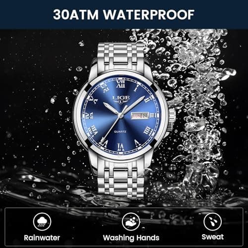 LIGE Mens Watch, Analog Men's Wrist Watches, Stainless Steel Style, Quartz Movement Calendar Function, 3ATM Waterproof, Clear Luminous Display, Business Social Matching