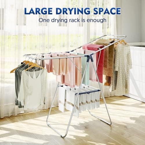 APEXCHASER Clothes Drying Rack, Stainless Steel Drying Rack Clothing with Height-Adjustable, Foldable Gullwings Laundry Drying Rack, Indoor Outdoor Use, No Assembly