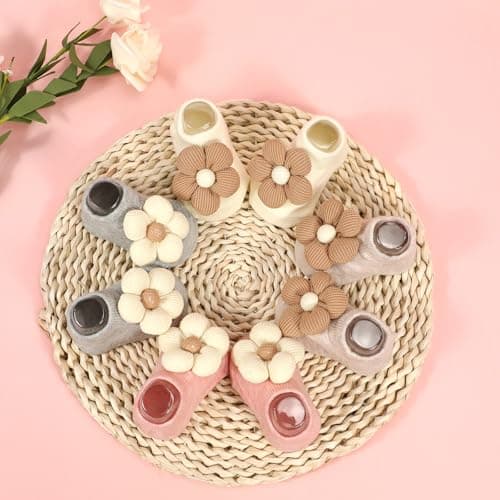 4Packs Baby Girls Socks,Flower Non-Slip Grips for Babies Toddler Princess Low Cut Ankle Socks for Girls