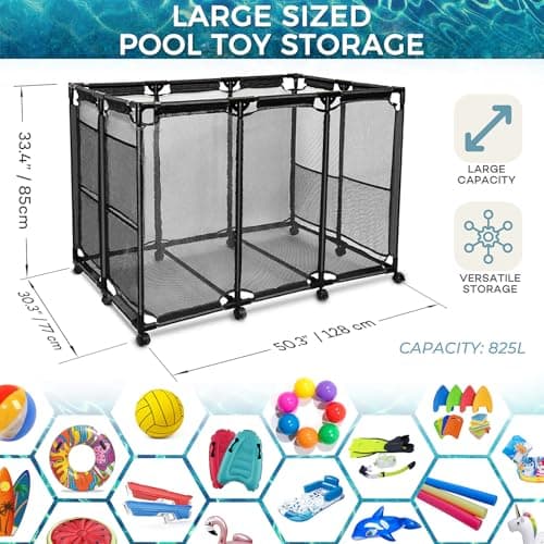 Pool Float Storage Organizer for Pool Noodles Floats Inflatables Towels - Ultimate Outdoor Pool Toy Storage Bin - XXL Black HDuty Metal - Pool Float Holder - Pool Storage Bin For Easy Poolside Cleanup