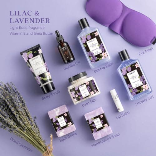 Gifts for Women, Moms, Lavender & Lilac Spa Gift Basket Set - Handmade Soap, Potpourri, Bath Bomb, Jojoba Oil, Organic Lip Balm & More - Stress Relief, Bath & Body Self Care Package B08DFG13DT