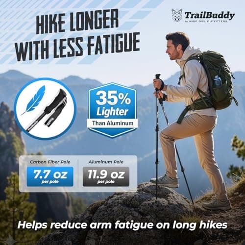 TrailBuddy 3K Carbon Fiber Hiking Poles - Collapsible Lightweight Trekking Poles for Hiking - Adjustable Walking Sticks for Women, Men, Seniors with All-Terrain Tips, Baskets & EVA Grips