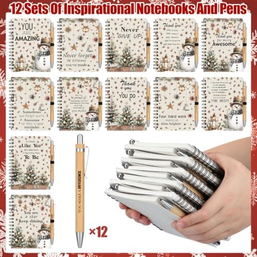 Gueevin 24 Pcs Christmas Employee Appreciation Gift Bulk Thank You Gift for Coworkers 12 Sets Xmas Inspirational Spiral Notebook and Bamboo Pens for Office Staff Team Volunteer Nurse Teacher(Snowman) B0H5BJXK8S
