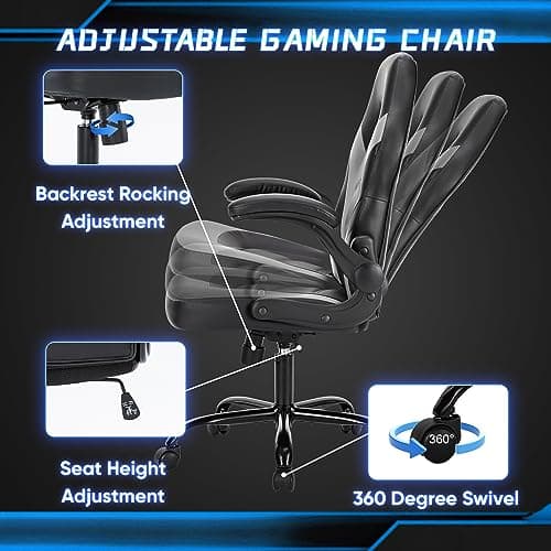 OLIXIS Big and Tall Office Desk Leather Gaming Computer Chair with Adjustable Swivel Task and Flip-up Arms for Adults, Teens, Black and Grey