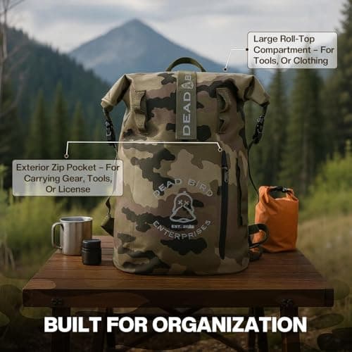 Dead Bird Enterprises Roll Top Waterproof Backpack, 25L Camouflage Pattern Dry Bag with MOLLE Loops and Adjustable Straps, WaterTight Duck Hunting Backpack for Camping, Hiking and Outdoor Travel