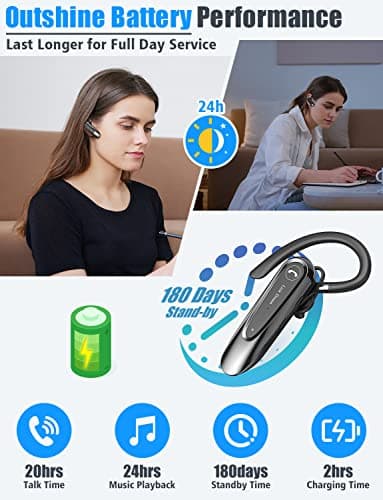 Link Dream Bluetooth Earpiece Wireless CVC8.0 Headset for Cell Phone Dual Mic Noise Canceling Earpiece Phone with Mute Key 20H Talk 180 Days Standby for iPhone Android Home Office Driving (1 Pack)