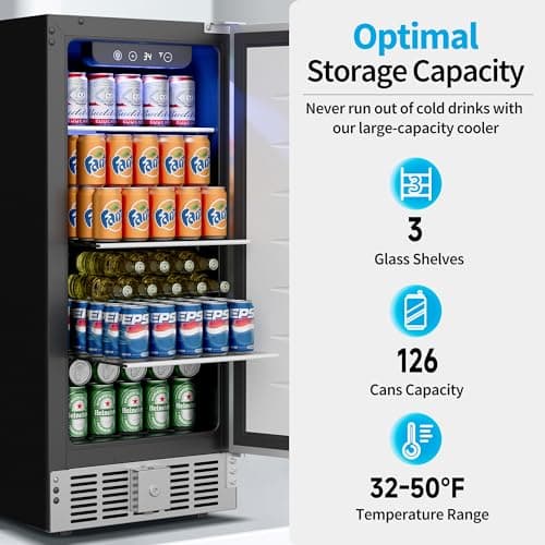 Feelfunn 15 Inch Undercounter Beverage Refrigerator - 126 Cans Beverage Fridge with Stainless Steel Door for Beer Wine Soda - Built-in or Freestanding Wine Cooler for Home Kitchen Bar