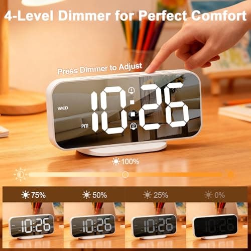 ALANAS Slim Digital Alarm Clock, Big Mirror Display with Dual USB Charger Ports, Dual Alarms, Snooze, 4-Level Adjustable Dimmer,for Bedroom, Office, Desk, Dorm, College Students, Home Decor,Gift