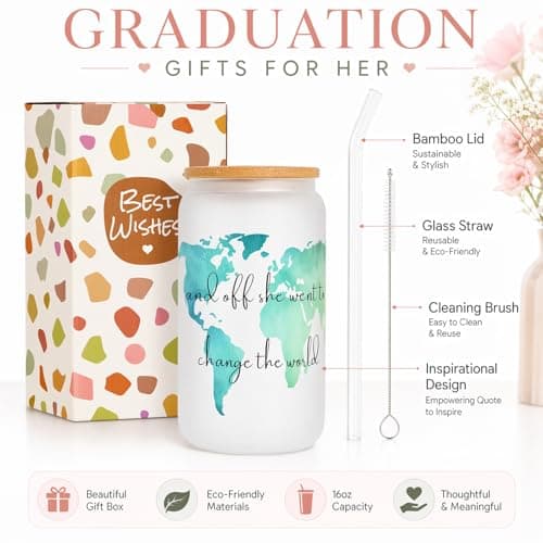 Frerdui Graduation Gift for Her – And Off She Went to Change the World 16oz Glass Cup, Cute Grad Gift for College High School Graduate, Grad Gift for Daughter Niece Granddaughter Friend B0GTY7QRB9