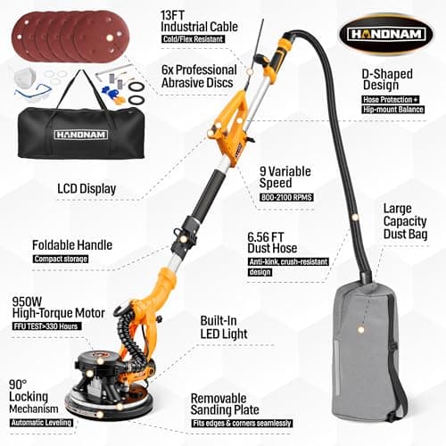 Electric Drywall Sander, 950W Drywall Power Sander with Vacuum Dust Collector, Variable Speed 800-2100RPM, LED Light, Dustless Wall Sander for Drywall, Popcorn Ceiling, Corner etc