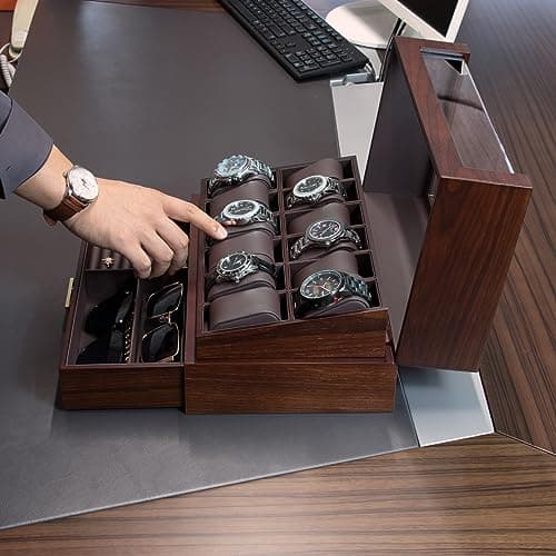KAMIER High End Watch Box for Men, 12 Slot Wooden Watch Case With Drawer, Watch Display Box with Glass Lid, 2-Layer Watch Holder for Jewelry and Watch Storage for Men Women , Ideal for Gift (With Gift Box)
