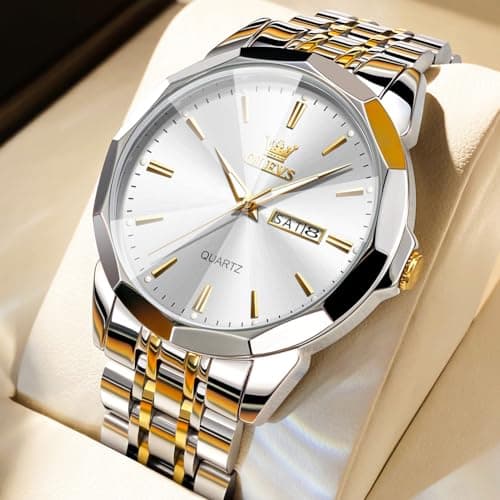 OLEVS Watch for Men Diamond Business Dress Analog Quartz Stainless Steel Waterproof Luminous Date Two Tone Luxury Casual Wrist Watch Blue