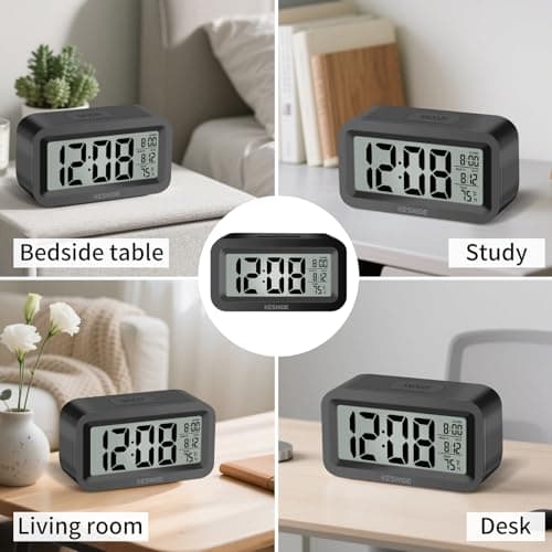 KESHIDE Travel Digital Alarm Clock, Battery Operated with Indoor Temperature, Desk Small Clock,Snooze Model,12/24H Display for Bedrooms Heavy Sleepers Kids Travel Bathroom (Black)