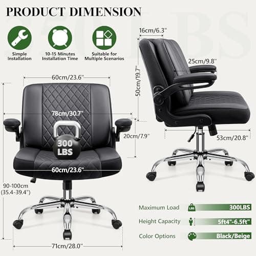Criss Cross Office Chair with 2-in-1 Flip Backrest – Ergonomic PU Leather Floor Sitting Chair, Adjustable Height, 360° Swivel & Flip-Up Arms, Extra-Wide Seat for Home Office, Vanity, Nail Salon-Black