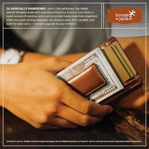 House of Jack Co. Carryall Slim Money Clip Wallet for Men, Strong Magnetic Clip, Front Pocket Wallet Card Holder With Gift Box, Full Grain Cowhide Leather,Tan