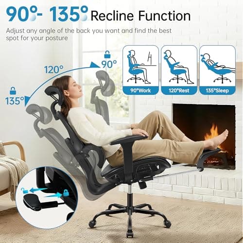 AreShark Office Chair Ergonomic Desk Chair,High Back Computer Chair with 3D Headrest & Armrests,Gaming Chair with Lumbar Support,90-135°Tilt Lock Mesh Office Chair with Footrest,Wheels,Black