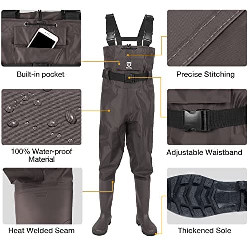 TIDEWE Bootfoot Chest Wader, 2-Ply Nylon/PVC Waterproof Fishing Hunting Waders with Boot Hanger for Men Women Green Brown