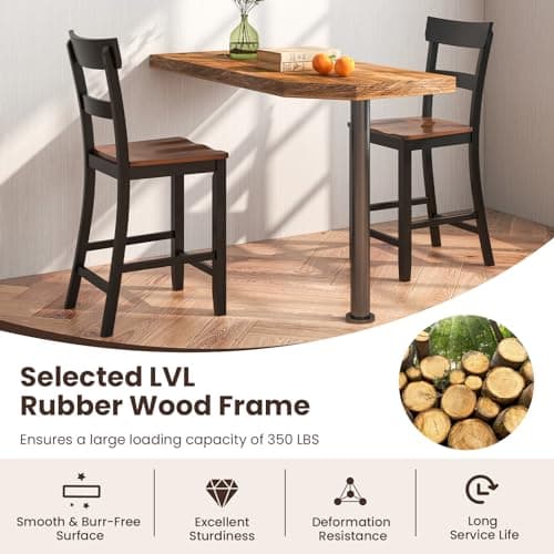 COSTWAY Counter Height Bar Stools Set of 4, 24'' Mid Century Modern Island Chairs with Rubber Wood Legs and High Backrest, Wooden Barstools for Home Kitchen, Dining Room, Bar, Restaurant (Black)