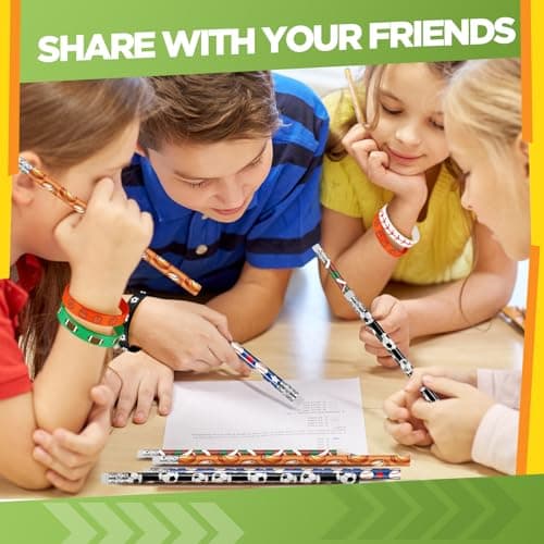 Sabary 48 Pcs Sports Pencils Silicone Bracelets Set Soccer Football Basketball Baseball Wooden Pencil Rubber Wristbands for Birthday Gifts Sports Party Favors(Multi Balls)