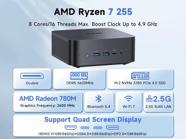 Reatan AI Oculink Mini Barebone PC AMD Ryzen 7 255 (8C/16T Upgraded 8745HS) Radeon 780M NO SSD & NO RAM & NO OS 8K Quad-Screen Display Desktop Gaming Mini Computers WiFi 7 BT:5.4 Built-in Speaker