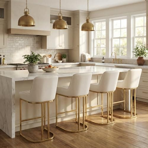 CIMOTA Counter Height Bar Stools Set of 2 with Back Modern Kitchen Counter Stools with Gold Legs Leather Island Chairs Comfy Stripe Barstools for Breakfast Bar, 26 Inch/PU Beige