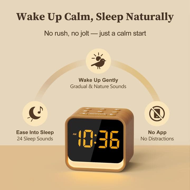 Housbay Wooden Sound Machine Alarm Clock for Bedrooms - Gentle Wake-Up with Birdsong, White Noise for Sleeping, Small Digital Clock for Phone-Free Routine